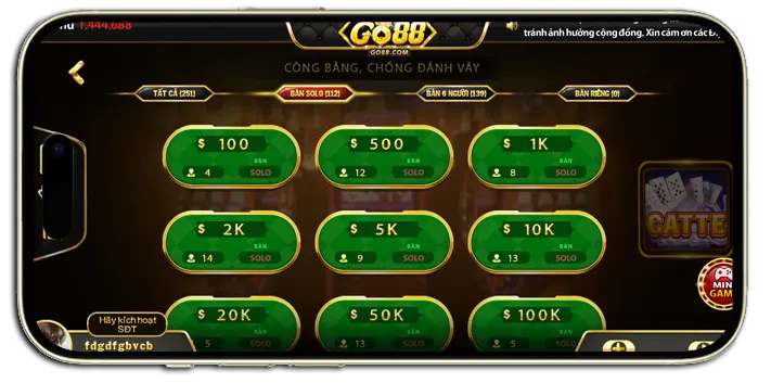 Giao diện chơi catte Go88